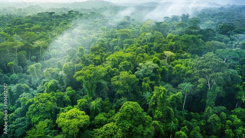 Aerial view of dense  lush green forest with mist