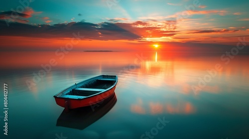 Horizon Line Over Water with a Single Boat Take a photo of a simple horizon where the sky meets the water, with a single small boat positioned where the sun sets