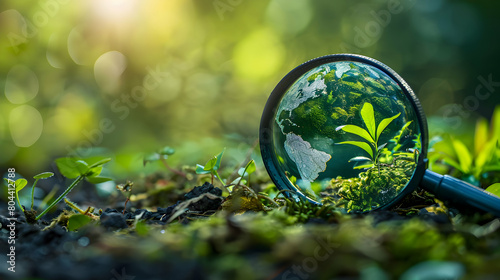 Enhancing Sustainability: A Magnifying Glass Scopes Out Eco-Friendly Business Strategies in Photo Stock Concept