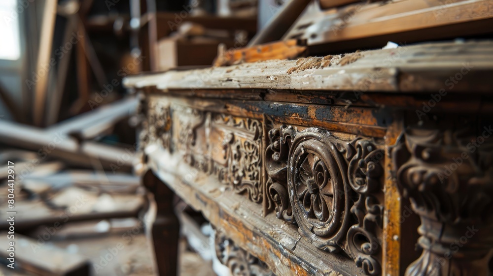 Close-up of antique wooden chest with ornate carvings, showing signs age and wear Close-up of antique wooden chest with ornate carvings, showing signs age and wear