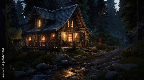 Cozy Forest Cabin Lit By Lanters - Generative AI © Stock Photos Bank 