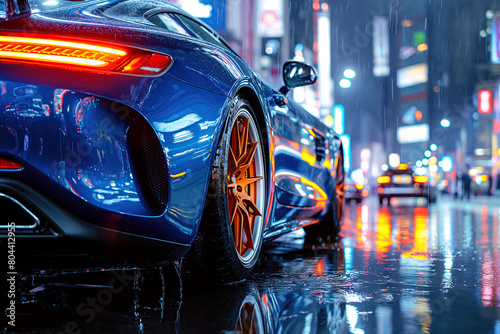 Taillight luxury blue modern sports car on street at night in the city with rain closeup © alexkoral