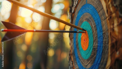 Arrow precisely hitting bullseye on target