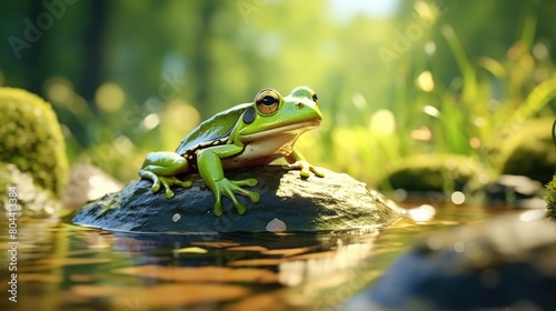 Curious Green Frog Sitting At Water Puddle In Forest - Generative AI