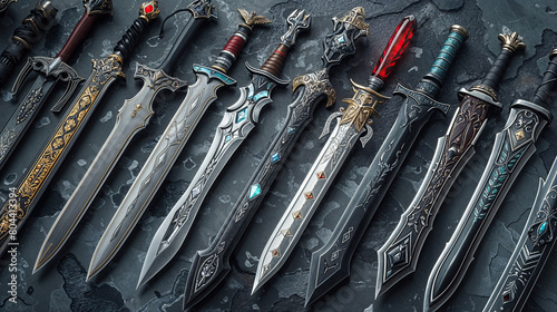 Collection of 3D weapons, combat blades, clean gray background, game asset artwork photo