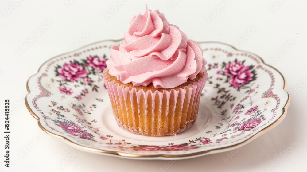 Closeup a sweet pink cupcake dessert on white plate isolated on white background. Generated AI image