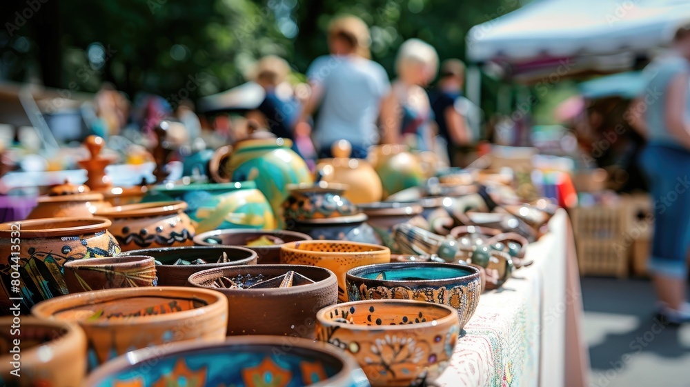 Outdoor market with handmade pottery on display, people browsing in background Outdoor market with handmade pottery on display, people browsing in background