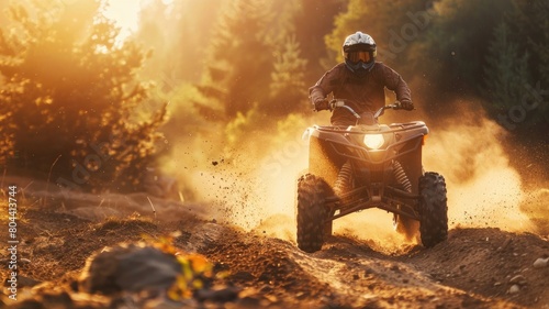 Person riding ATV in forest at sunset with dust trailing behind