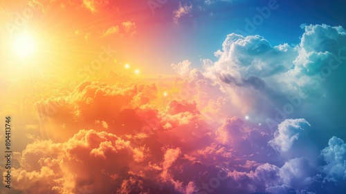 Vibrant sunrise or sunset with light rays piercing through fluffy clouds in colorful sky