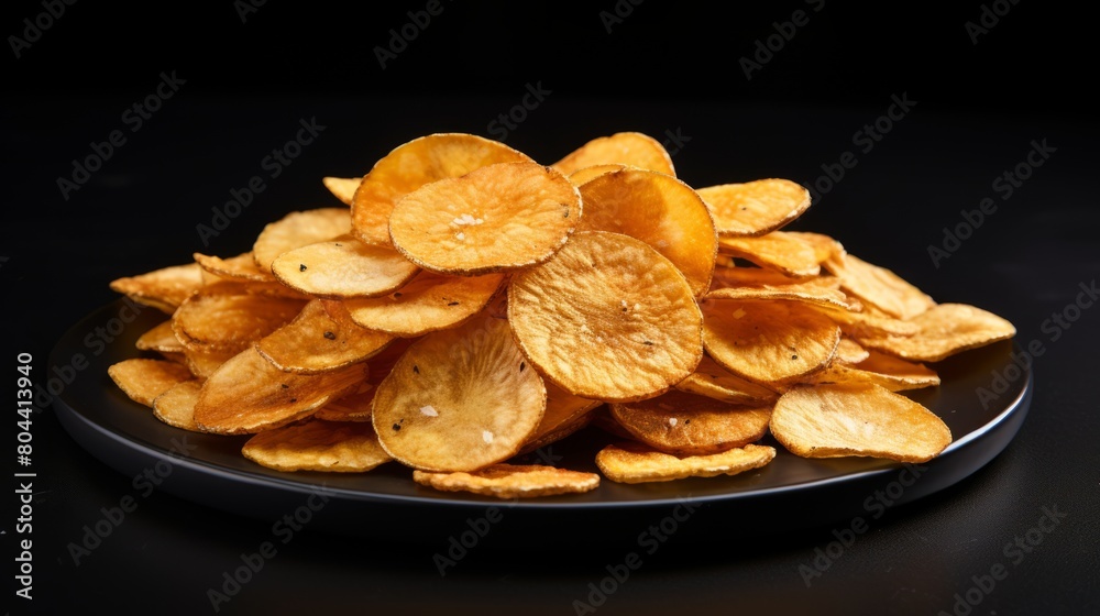 A plate of potato chips with a black background