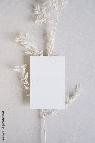 Natural 2x3 Card Mockup on Linen Backdrop with White Ruscus Branch