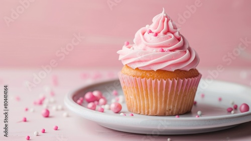 Closeup a sweet pink cupcake dessert on white plate isolated on white background. Generated AI image