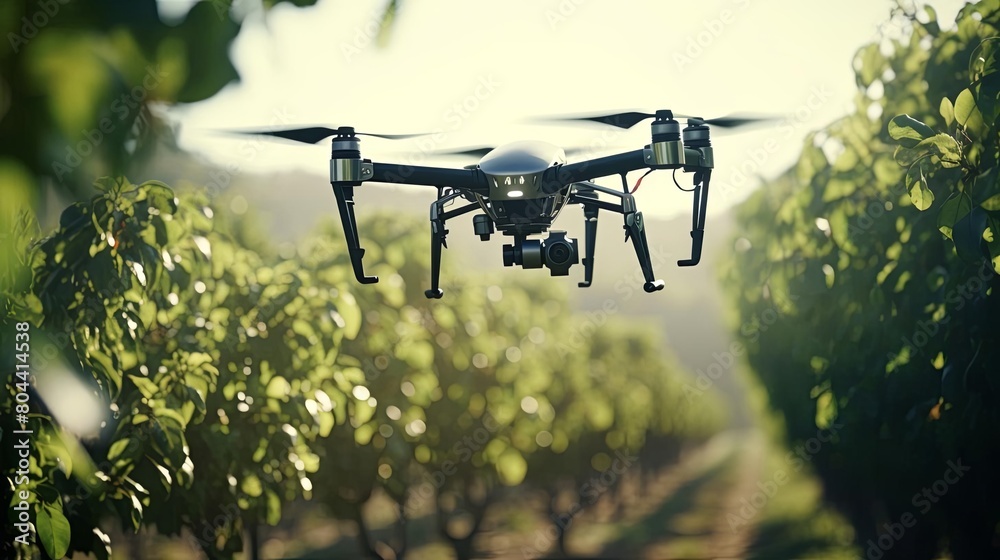 Drone inspecting orchard, closeup views of fruit trees, modern farming, bright daylight