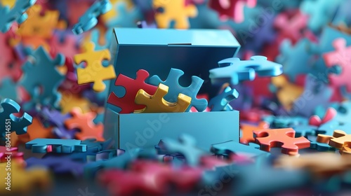 Autism Awareness Cascade A Vivid D Rendering of Overwhelming Puzzle Pieces Emerging from a Solitary Blue Box Generative ai photo