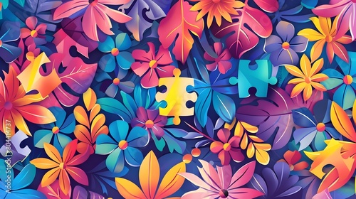 Digital PopArt Celebrating Autism Awareness Day A Colorful Journey of Puzzle Pieces and Overlapping Flowers Symbolizing Joy Optimism and Generative ai photo