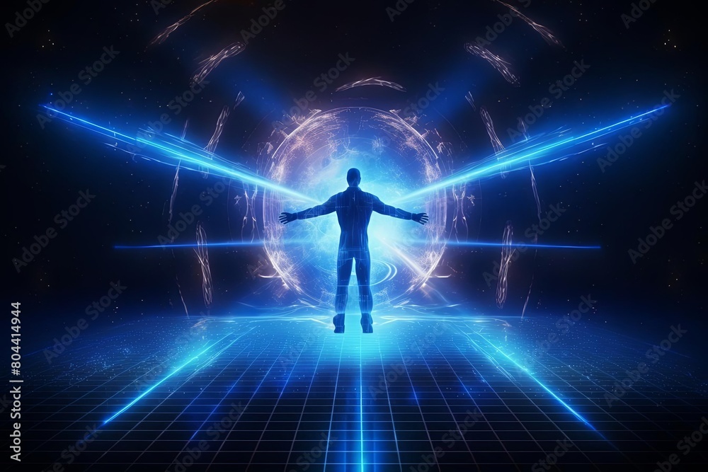 Dynamic holographic human mesh line on HUD, blue neon color, overhead view, soft light Dynamic holographic human mesh line on HUD, blue neon color, overhead view, soft light