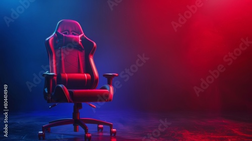 Modern ergonomic gaming chair with a high backrest and adjustable armrests, predominantly black with red accents photo