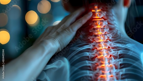 X-ray Highlighting Inflammation in the Spine, Hand Reaches Back to Massage Neck. Concept Medical Imaging, Musculoskeletal Disorders, Pain Management, Massage Therapy, Spine Health