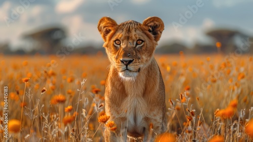Close-up portrait of a young, male lion (Panthera leo) standing on savannah, turning head; Laikipia, Kenya Genrative AI photo