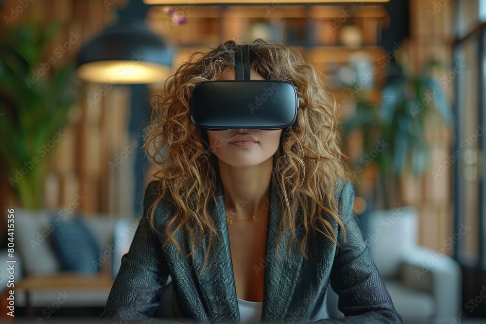 Woman Wearing Virtual Headset in Living Room Woman Wearing Virtual Headset in Living Room