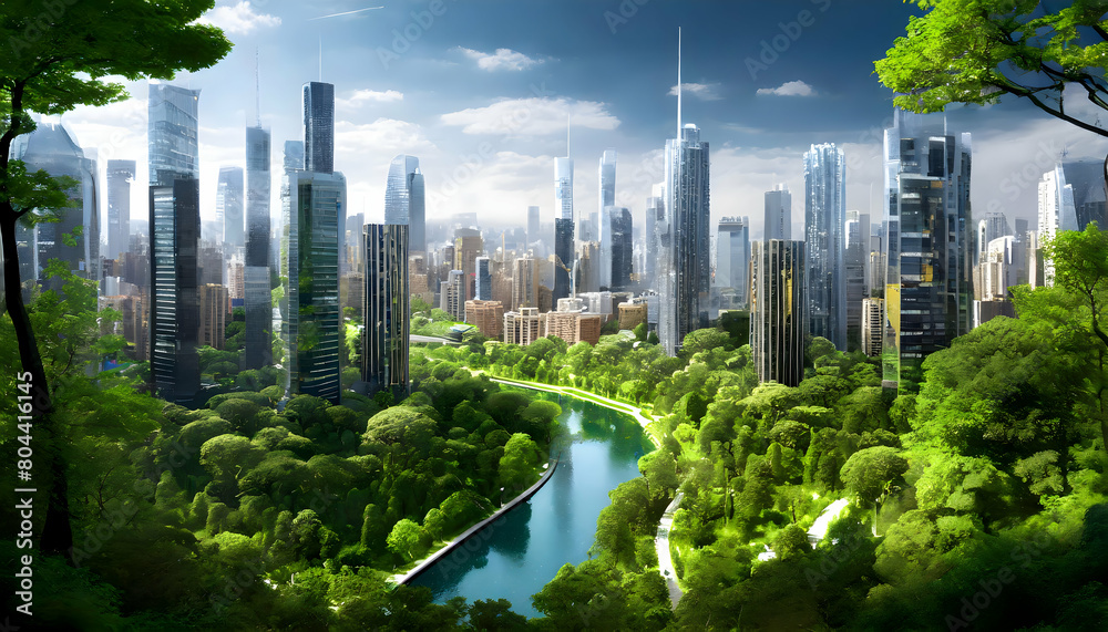 Naklejka premium Abstract Plant based sentient cityscape artificial intelligence on digital art concept.