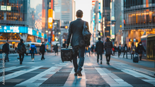 businessmin a suit walking through a busy city street with a rolling suitcase highlighting the mobility and efficiency required in business travel as professionals move between meetings  photo