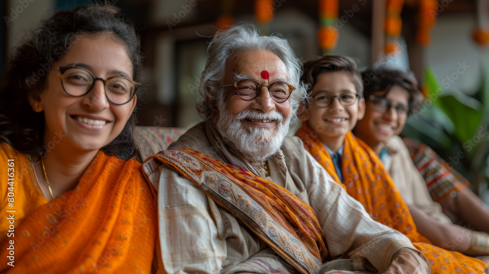 Joyous Multi-Generational Indian Family Smiling Together in Traditional Attire