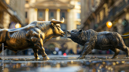 A concept image of a stock market bull and bear statue facing off against each other symbolizing the constant battle between bullish and bearish sentiment in the financial markets. © rojar deved