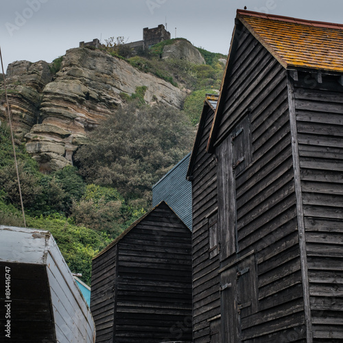 Net huts at Hastings with cliff behind