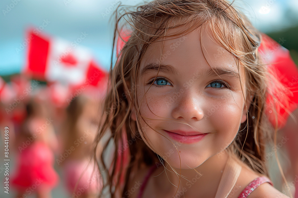 Fototapeta premium Portrait of small girl on background of gathering in parks adorned with Canadian flags, celebrating Canada Day