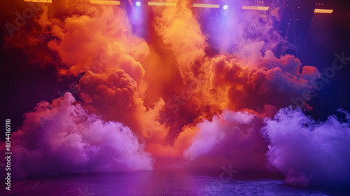 A stage bathed in neon orange smoke under a deep lavender spotlight, creating a vivid, energetic atmosphere.