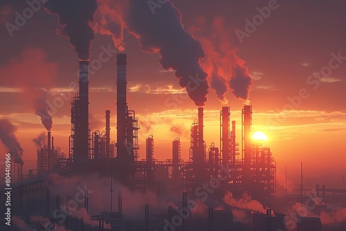 Dramatic sunset backdrop behind a refinery