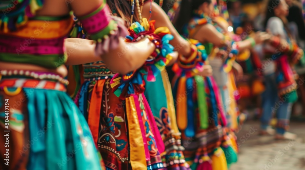 A diverse group of women wearing vibrant and colorful outfits stand closely next to each other.