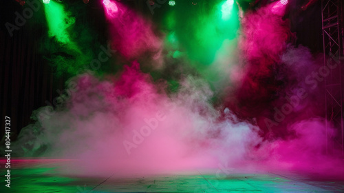 A stage bathed in rich fuchsia smoke under a lime green spotlight  offering a bold  playful visual contrast.