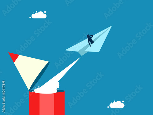 Leaders create and develop. Businessman flies in paper airplane out of pencil