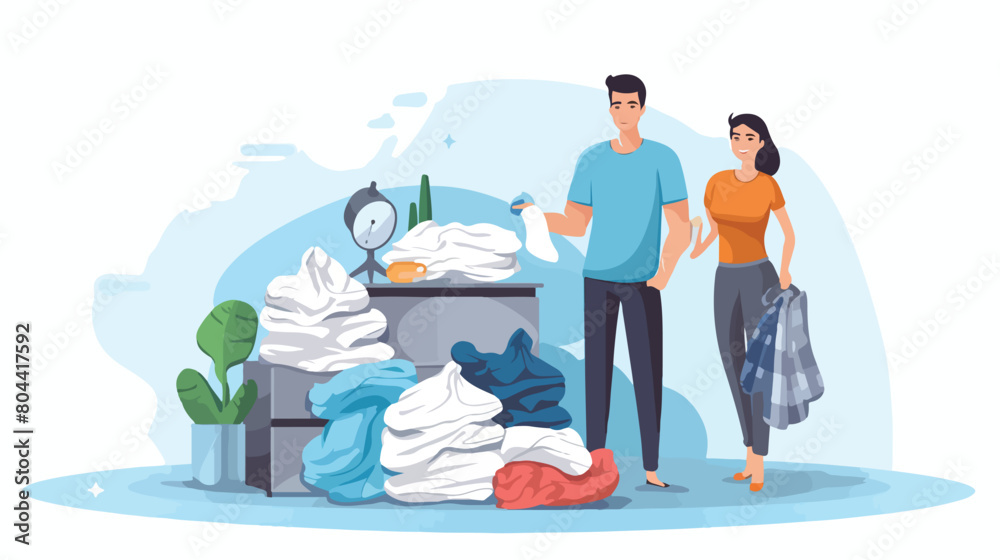 Organizers with clean clothes on bed 2d flat cartoo