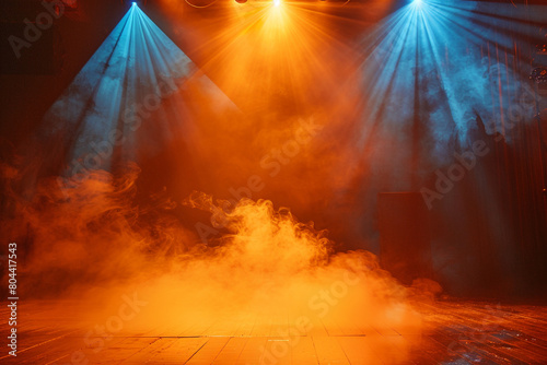 A stage covered in deep orange smoke under a pale blue spotlight, offering a warm, inviting look. photo
