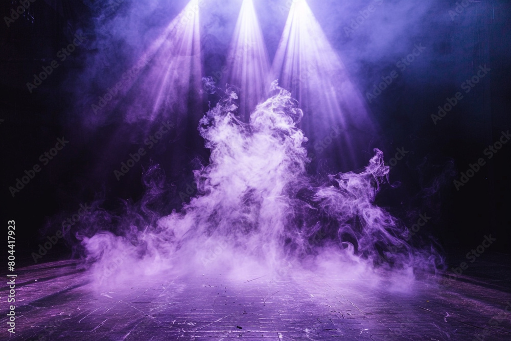 A stage enveloped in bright white smoke under a dark purple spotlight, offering a stark, minimalist aesthetic.