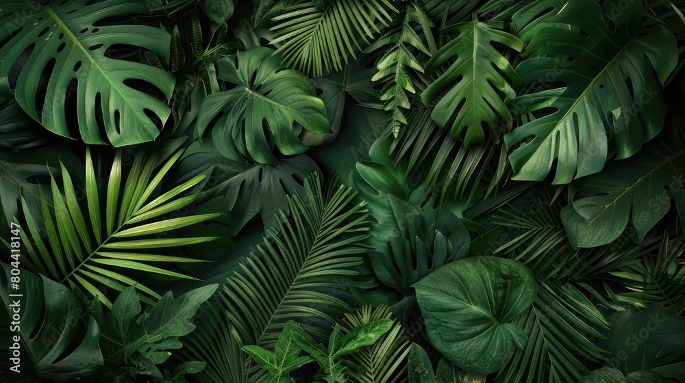 Group background of dark green tropical leaves Panorama background. concept of nature AI generated