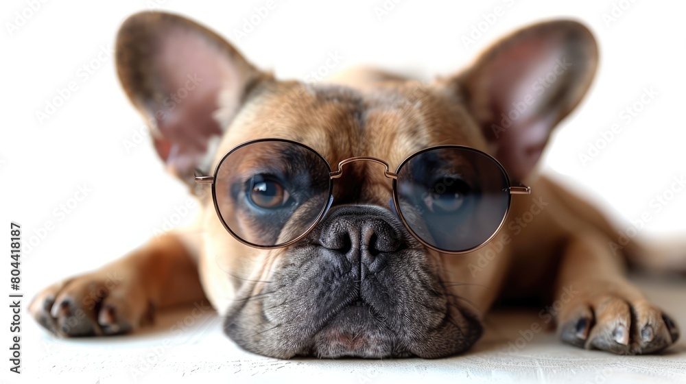 cool trendy posing french bulldog with sunglasses looking up like a model , isolated on white Genrative AI