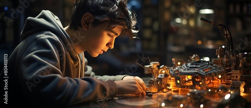 A young boy is working on a complex electronic circuit board. He is wearing a blue hoodie and has a determined look on his face. The background is blurry and out of focus. © TheFlyingWeed