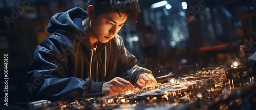 A young man in a dark hoodie works on a complex piece of machinery. He is focused and determined, and the machinery is glowing in the dark. photo