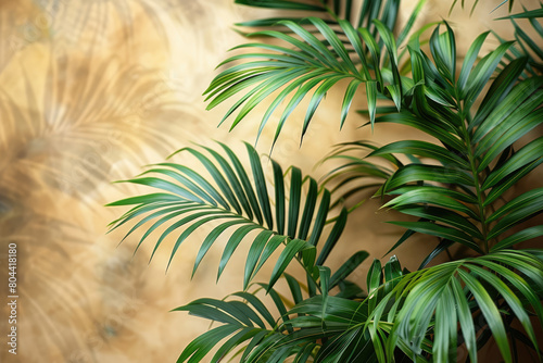  A golden background with palm leaves and tropical plants, creating an exotic atmosphere. Created with Ai