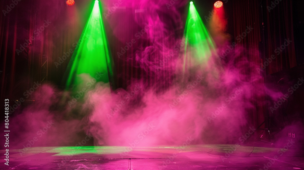 A stage enveloped in rich magenta smoke illuminated by a lime green spotlight, casting a playful, vibrant mood.