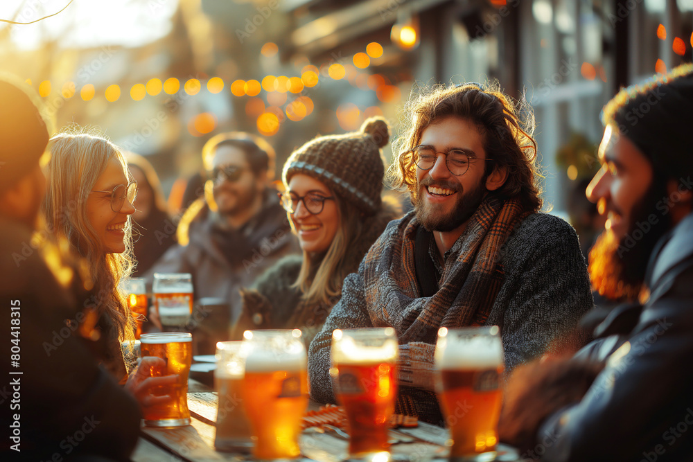 happy friends are drinking beer, laughing and chatting at table outside the bar on evening at sunset