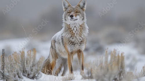 Coyote (Canis latrans) standing in a snowy field of sagebrush (Artemisia tridentata) with head raised upward and mouth open, howling into the air; Yellowstone National Park, United States of America photo