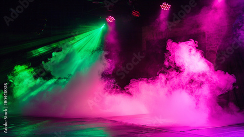 A stage enveloped in rich magenta smoke illuminated by a lime green spotlight  casting a playful  vibrant mood.