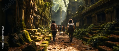 A group of explorers trek through an ancient overgrown temple complex, sunlight filtering through the dense foliage. © TheFlyingWeed