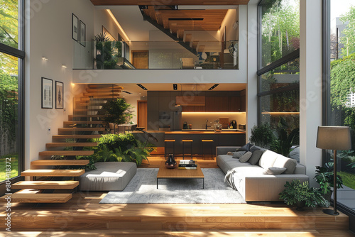 Modern interior design, living room with a double height ceiling and mezzanine level, light wooden flooring, a sofa set in front of the wall. Created with Ai photo