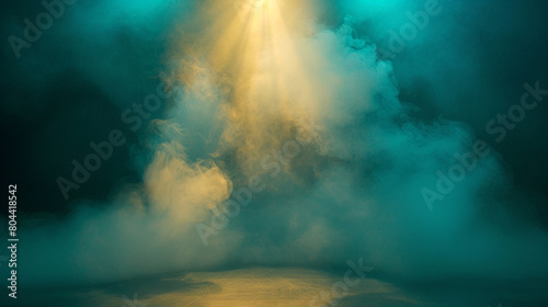 A stage enveloped in soft beige smoke under a deep turquoise spotlight, casting a gentle, soothing glow. © Zaid